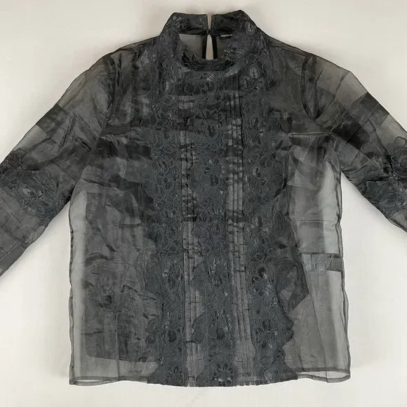 White House Black Market Vtg Style Blouse Women’s 4 Black Sheer Organza Lace